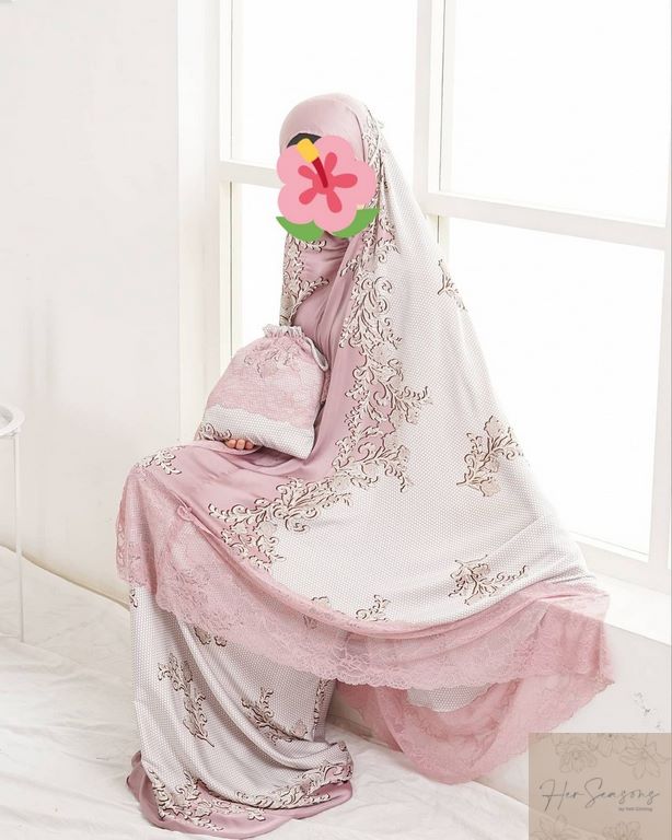 Mukena Herseasons Armani Silk Luxury Premium Printing Bunga Bakung Pink