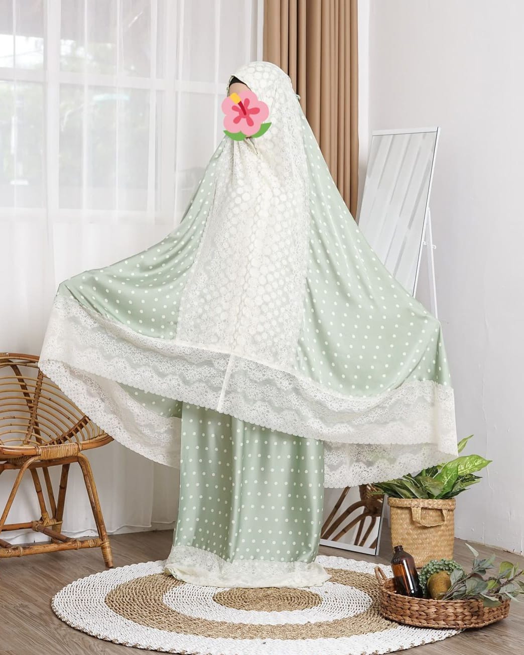 Mukena Herseasons Armani Silk Luxury Premium Printing Polkadot Hijau Lembut